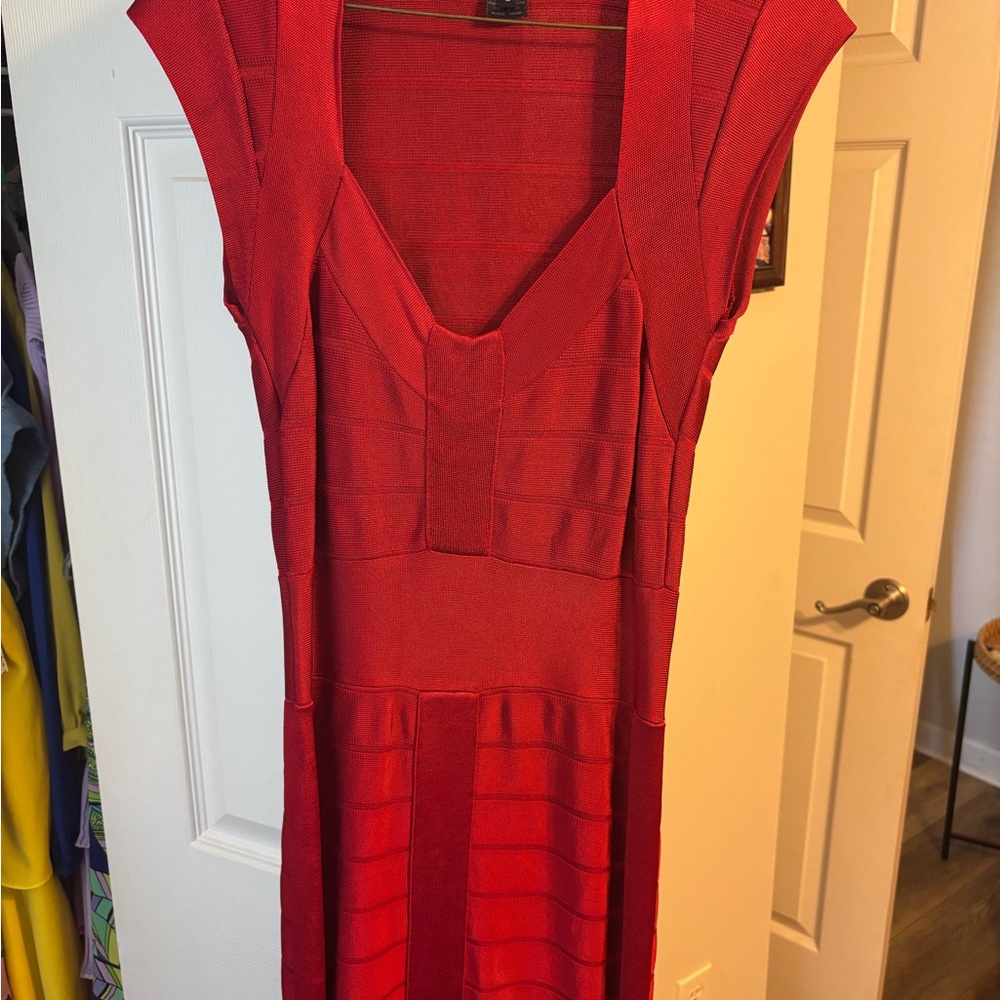 French Connection Red Sheath Dress with V-Neck Cap Sleeves